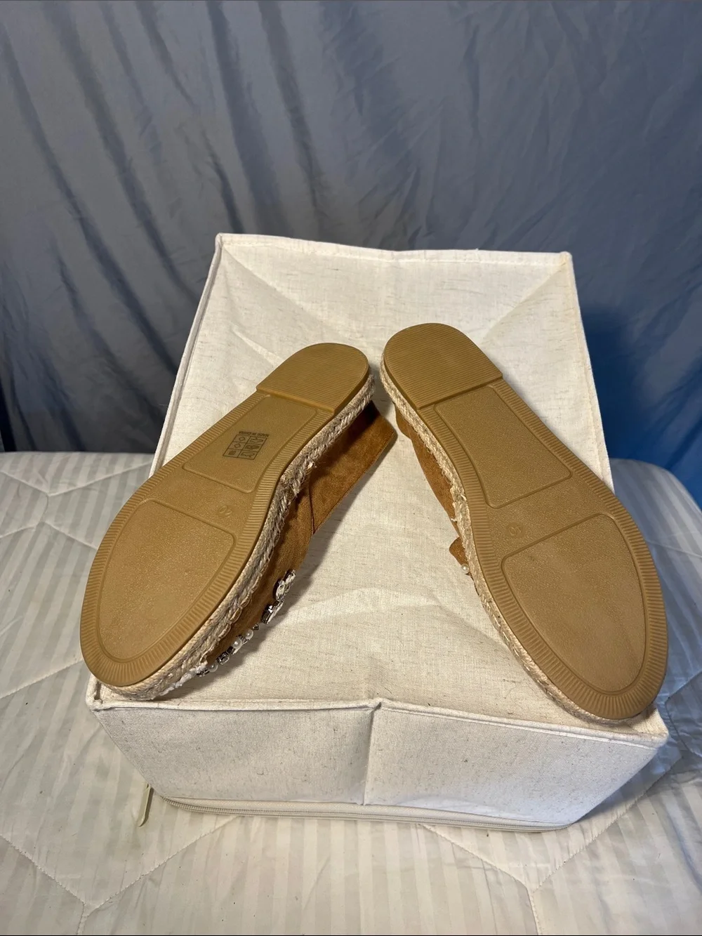 SHEIN Tan Floral Crystal Suede Slip-Ons